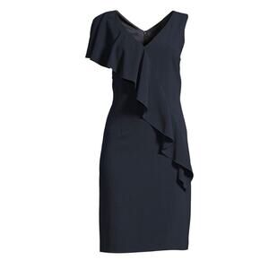 Elie Tahari Size 12 Navy Blue Ruffle Shoulder Dress